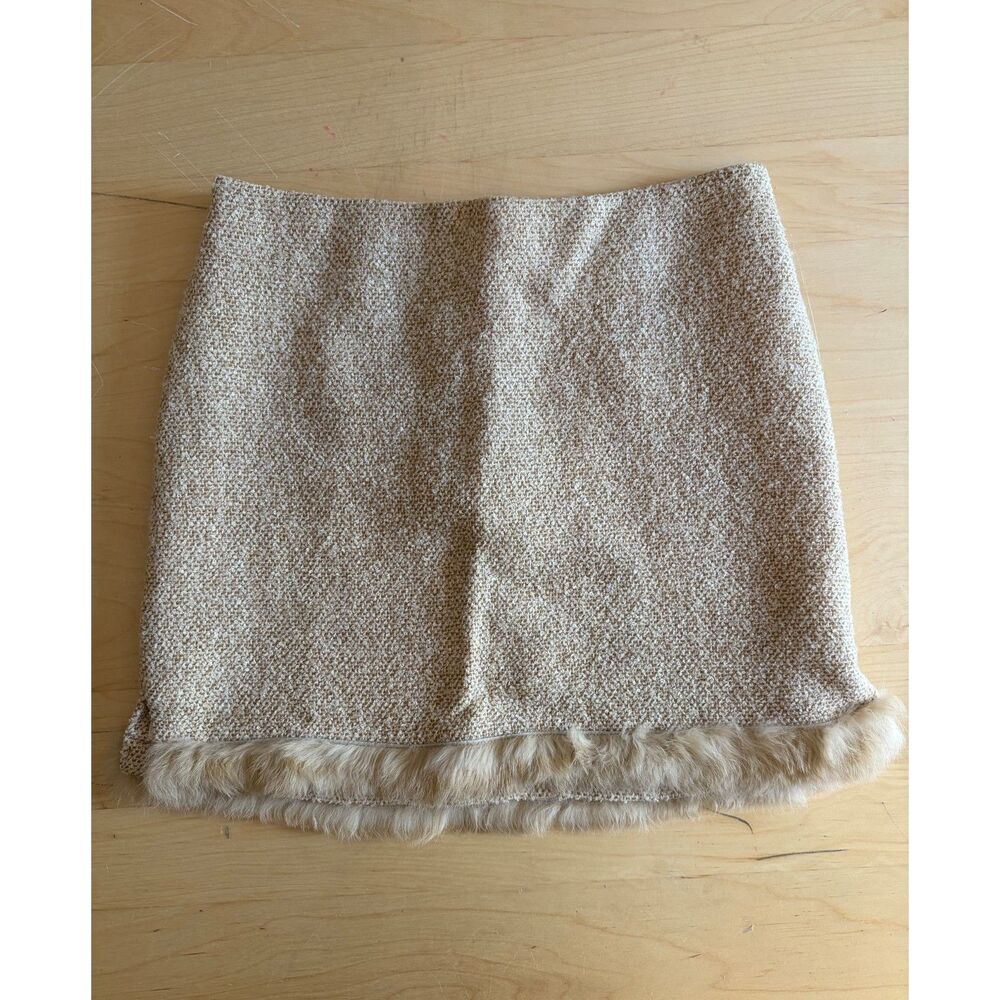BARAMI Vintage Tweed Coquette Fur Hem Wool Blend Mini Skirt Beige Size 0